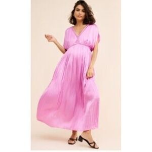 Hatch Winslet Pleated Satin Maxi Dress 2 Pink Maternity Belted Elegant Boho Chic